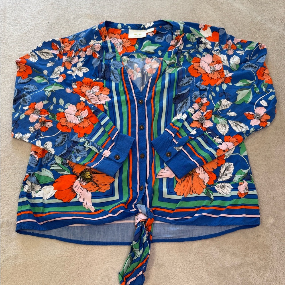 Anthropologie Maeve Elan Scarf Printed Floral Tie Front Blouse Size 8